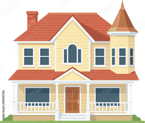 Stylized decorative Victorian house illustration featuring yellow facade, red gabled roof, turret spire, porch columns, arched windows, creative architectural artwork design.