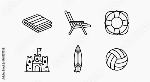 Beach vacation objects and line art illustrations for summer activities. Including a towel, beach chair, life buoy, sandcastle, surfboard and volleyball