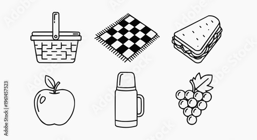 Picnic essential items illustrated in a simple black and white style. The scene showcases a picnic basket, a checkered blanket, a sandwich, an apple, a thermos, and a bunch of grapes