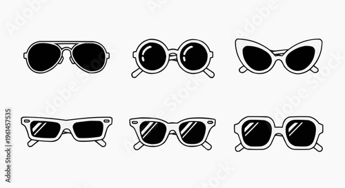 Collection of sunglasses with various shapes and styles, perfect for fashion and eyewear concepts. Each pair features a unique design, showcasing a range of modern and retro aesthetics
