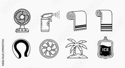Collection of line art of summer icons including fans, sprays, towels and more. They are simple outline designs that are easily identifiable