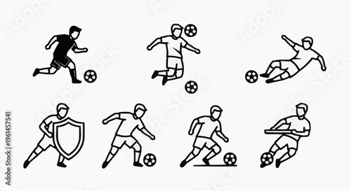 Soccer player icons in action, demonstrating various soccer moves and defensive stances, showcasing the dynamic nature of the game. 