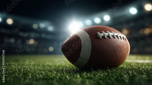 Close up of an american football on a green grass field under stadium lights at nighttime setting scene
