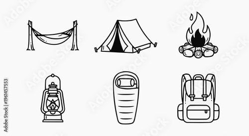 Camping essentials icons illustration: Tent, Hammock, Fire, Sleeping bag and Backpack 