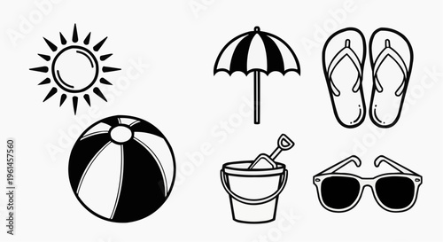 Collection of beach-themed elements in monochrome style. The set includes a sun, beach ball, umbrella, flip-flops, sunglasses, bucket, and shovel