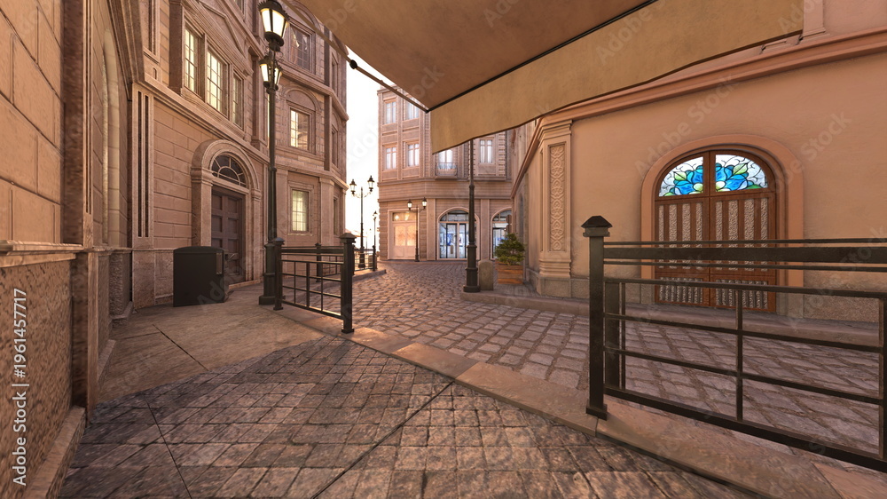 Obraz premium 石畳のある街かど 3DCGレンダリング