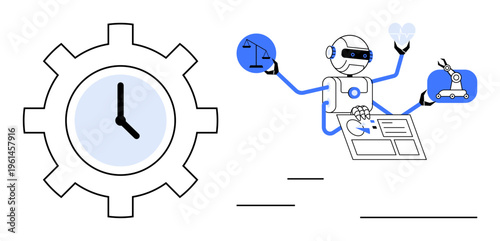 Automation, robotics, time management, efficiency, innovation, engineering. Robot multitasking with tools and a gear with a clock. Automation and robotics for improved efficiency and innovation