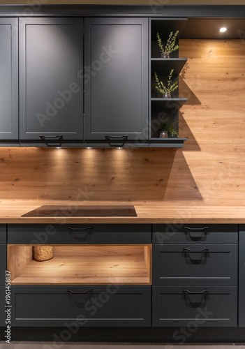 Modern kitchen with cooktop and open niche. Minimal furniture design.