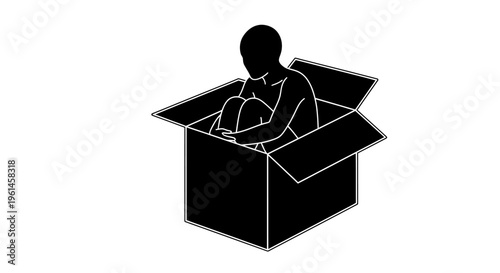 Loneliness and Social Isolation Concept Person Sitting Huddled in a Small Open Cardboard Box Symbol of Sadness Depression Shyness Fear and Comfort Zone