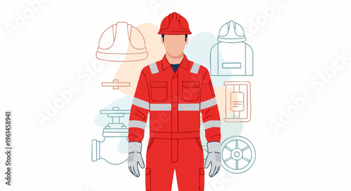 Man in Red Protective Workwear and Hard Hat.