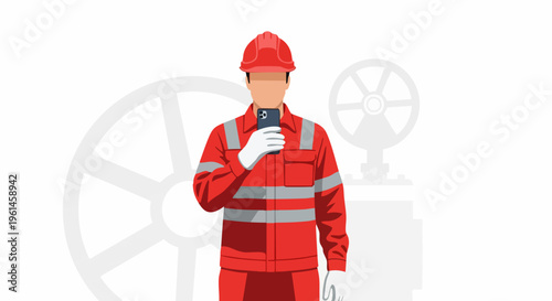 Industrial worker in uniform holding a smartphone.