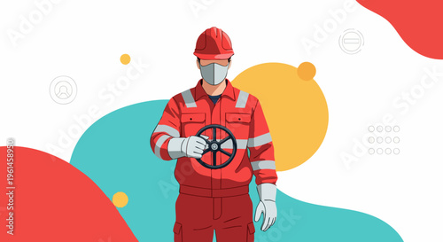 Industrial worker in protective gear holding valve wheel.
