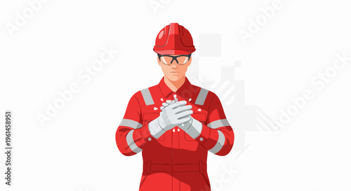 Industrial Worker in Red Uniform and Hard Hat.