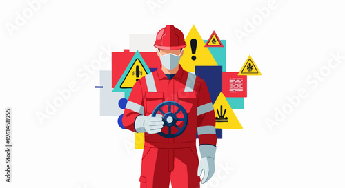 Industrial worker in protective gear with hazard symbols.
