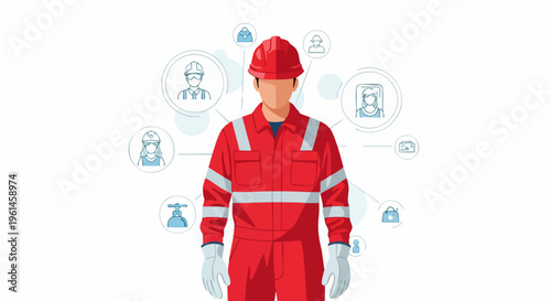 Industrial Worker in Red Uniform with Safety Gear.