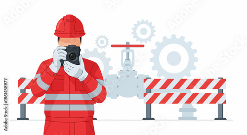 Industrial worker in red uniform taking photo with camera.