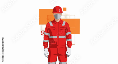 Industrial Worker in Red Protective Uniform and Hard Hat.
