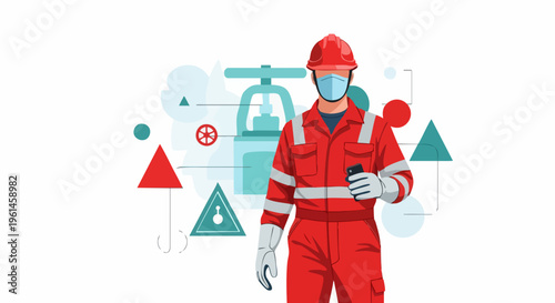 Industrial worker wearing protective gear and face mask.
