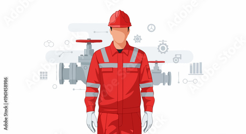 Industrial Worker in Red Uniform and Hard Hat Standing Confidently.