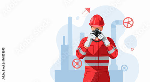 Industrial worker wearing protective gear and mask.