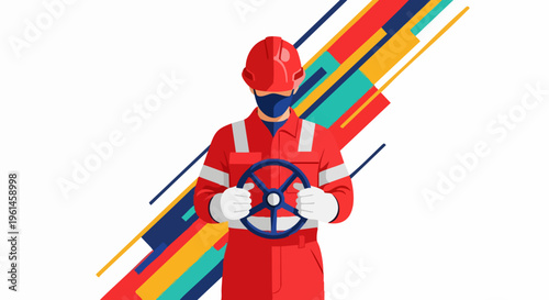 Industrial worker in red uniform operating a valve.