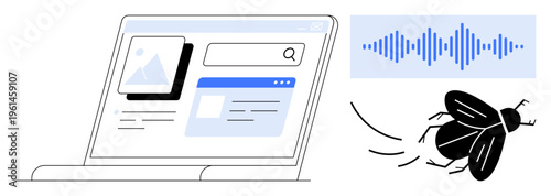 Digital bug concept. Digital bug errors disrupting user interface and audio systems demonstrated with bug icon, laptop, and sound wave visuals. For IT issues, debugging, software development, audio