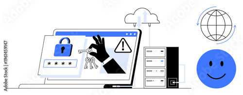 Cybersecurity concept. Cybersecurity ensuring data safety with lock icons, secure servers, and online access protection. Cybersecurity vital for cloud computing, IT systems, and online transactions