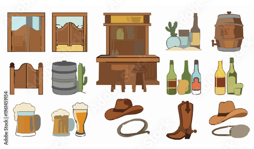 Wild West Saloon Objects Cartoon Icon Set with Bar Furniture and Cowboy Elements