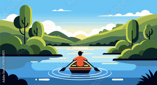 Person in rowboat on calm river surrounded by green hills. Serene nature landscape at sunrise or sunset. Vector illustration.