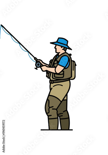 Fisherman in waders holding a fishing rod. Vector illustration of a man fishing.