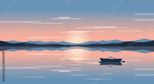 Lone rowboat on a calm lake at sunset with mountain reflection. Minimalist vector landscape illustration.