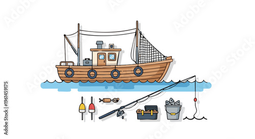 Hand drawn fishing boat and equipment. Vector illustration of a trawler, rod, tackle box, and a bucket of fish.