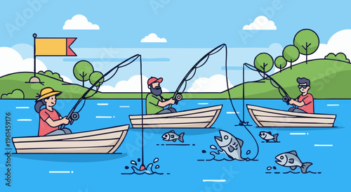 People in boats during a fishing competition on a lake. Vector illustration of a summer outdoor recreational activity.