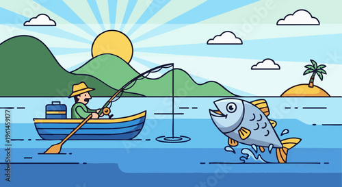 Man fishing in a boat catches a large jumping fish. Cartoon vector illustration of a sunny outdoor adventure.