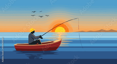 Fisherman in a small boat silhouette fishing on a calm lake at sunset vector illustration.