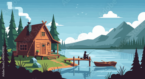Vector illustration of a person fishing from a dock by a rustic cabin on a mountain lake.