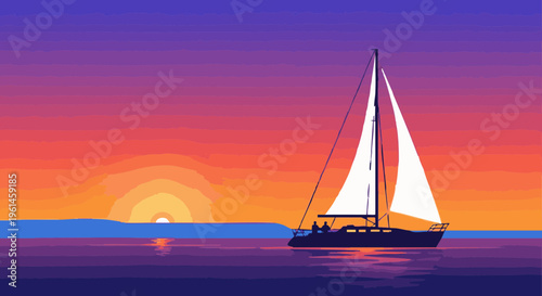 Yacht sailing on the sea with a vibrant sunset background. Vector illustration of a romantic and peaceful ocean voyage.
