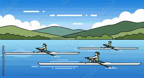 Vector illustration of female athletes rowing on a lake with a mountain landscape.