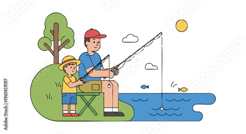 Father and son fishing together on a sunny day vector illustration.
