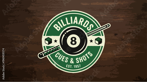 Billiards Cues and Shots Logo on a Wooden Background.