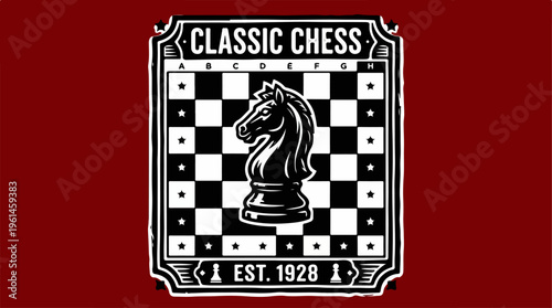 Classic Chess Knight Emblem on Red Background - Vintage Design.