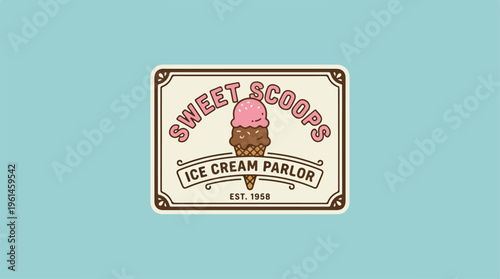 Sweet Scoops Ice Cream Parlor Signage on a Light Blue Background.