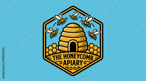 The Honeycomb Apiary Logo - A Detailed Illustration of Bees and Hive.
