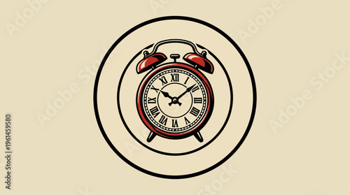 Vintage alarm clock illustration with a classic design on a beige background.