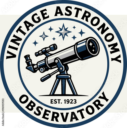 Vintage Astronomy Observatory Logo Featuring Telescope and Stars.