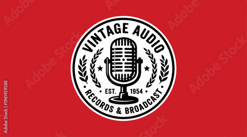 Vintage Audio Records and Broadcast Logo on Red Background.