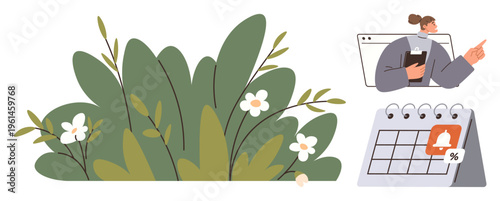 Nature, online interaction, time management, planning, reminders, virtual work. Green leaves with flowers, a woman in a browser window and a calendar with a notification alert. Nature and online