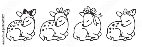 Four adorable sleeping baby deer fawns with bows, stars, and hearts in a black outline vector style. Sweet, gentle, and perfect for nursery decor, invitations, clothing, or coloring books.