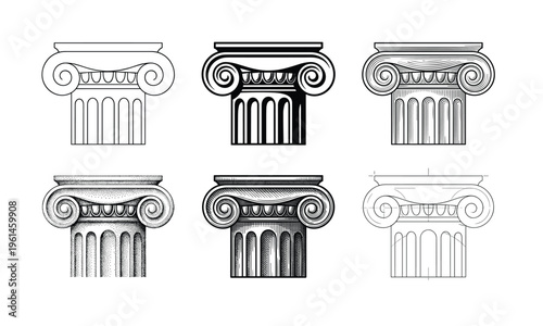 Vector illustrations of six classical Ionic column capitals in various artistic and architectural drawing styles, including outline, solid, hatched, stippled, and blueprint. Ideal for design