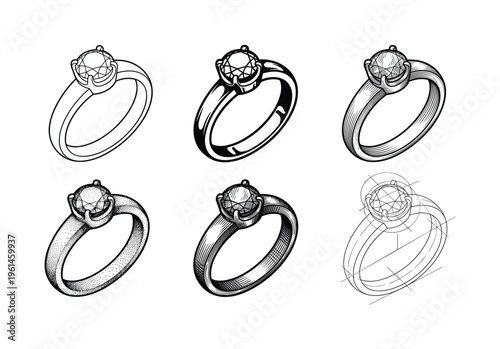 Vector set of diamond rings with various intricate black and white styles: line art, stipple, cross-hatch. Ideal for jewelry, wedding, luxury design, or educational resources.